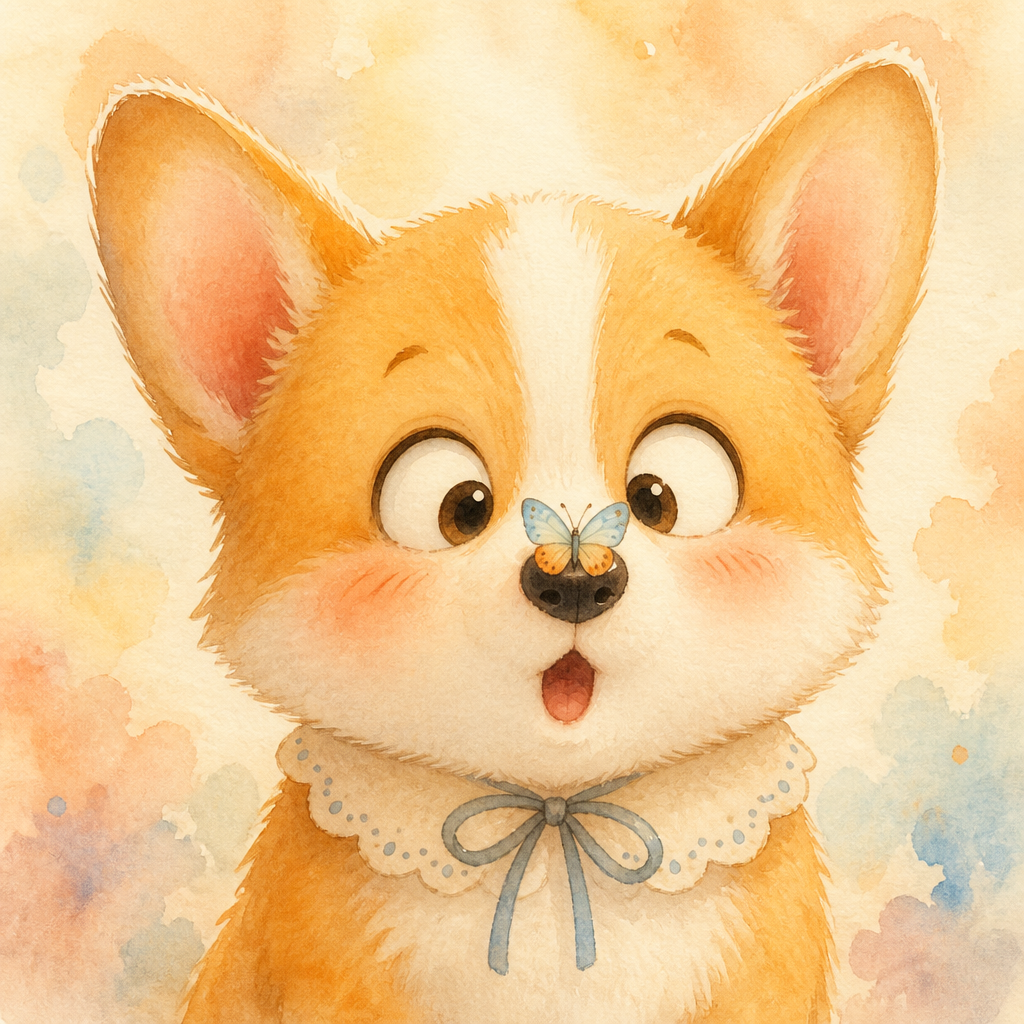 corgi with a butterfly on its nose