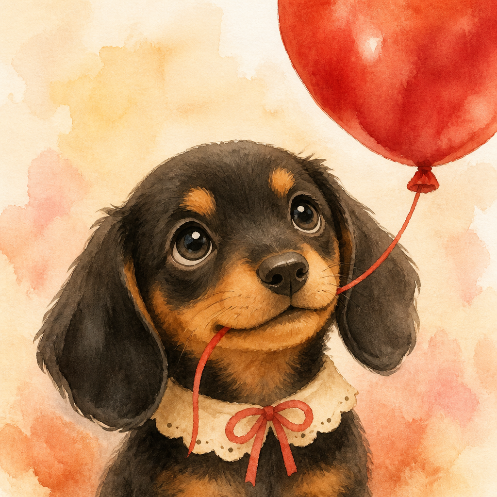 dachshund holding a red balloon