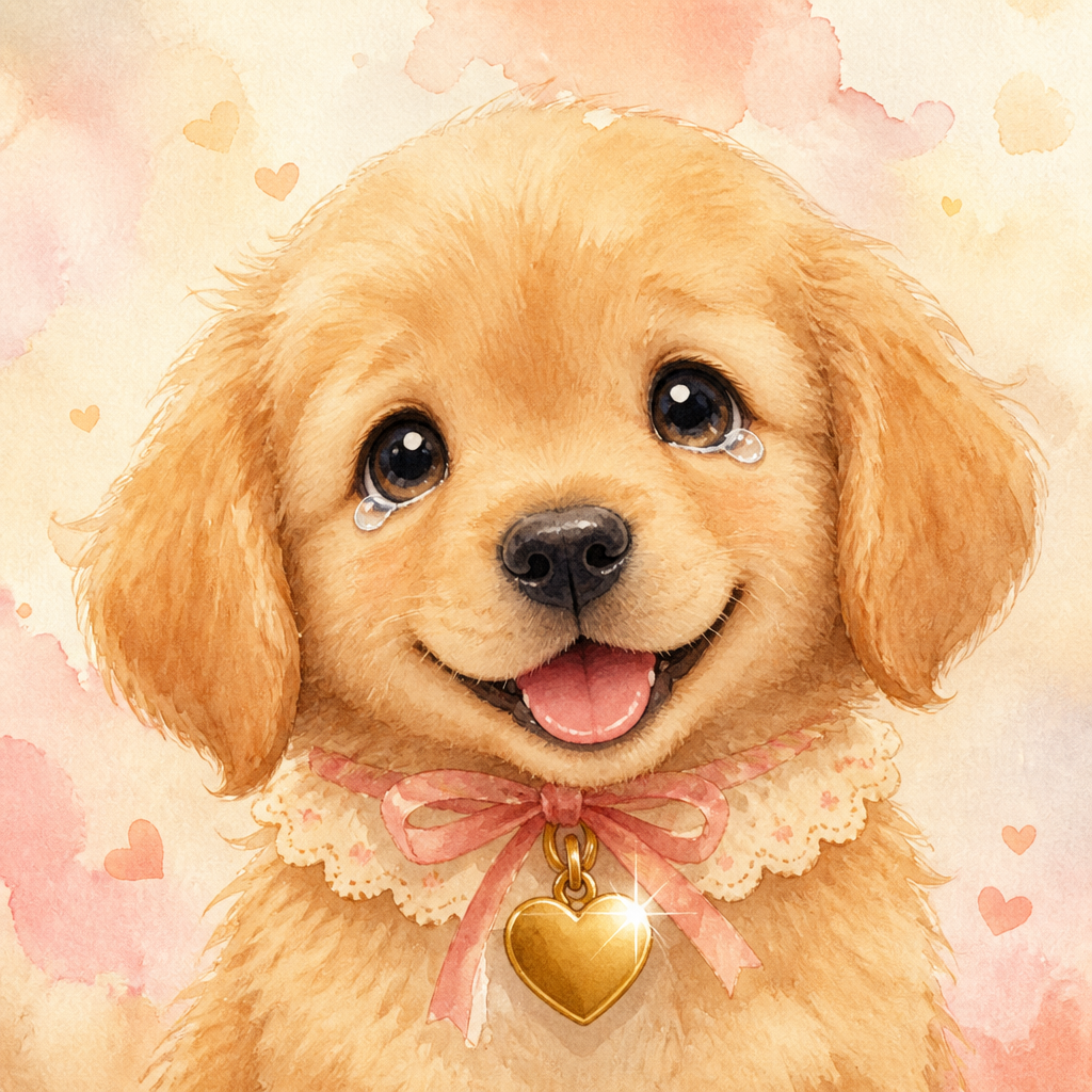 golden retriever with a new heart-shaped name tag