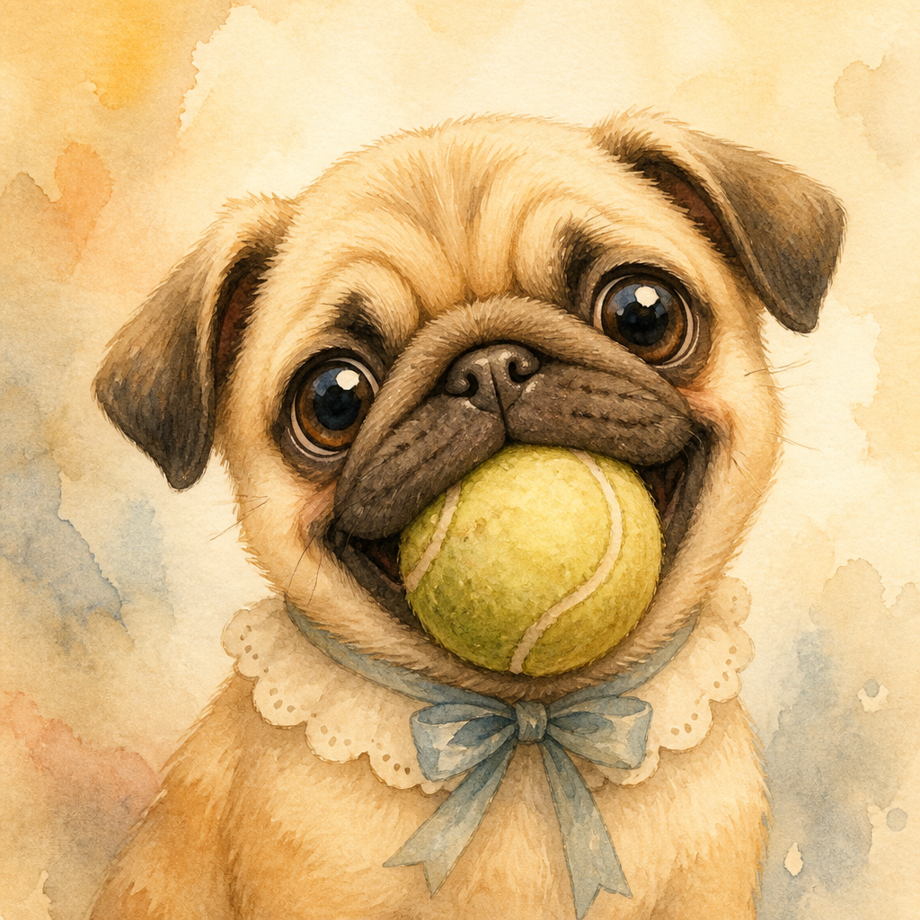 pug holding a tennis ball